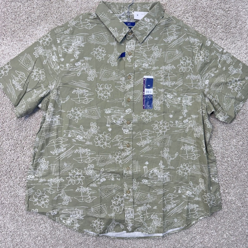 George Shirt Mens 2XL GE SS Slub Washed Olive Scenic Print Button Down NEW